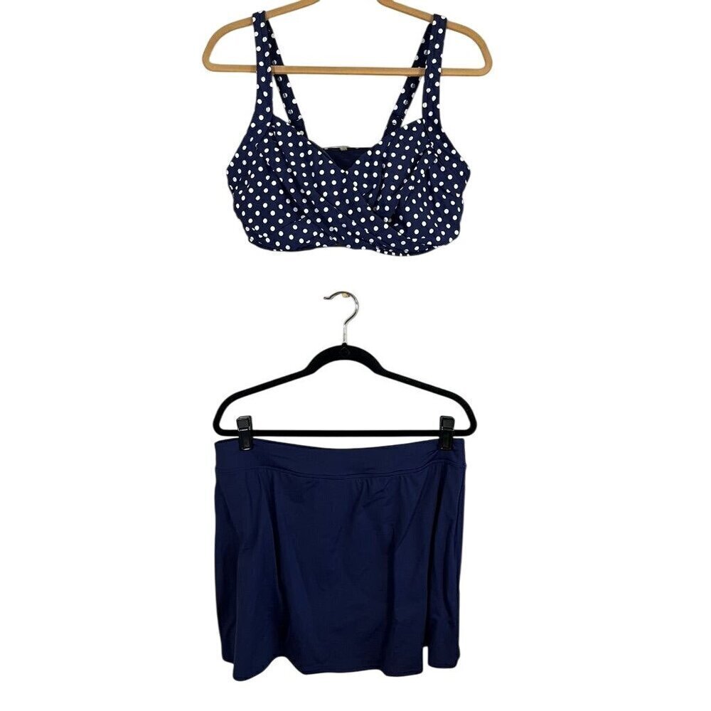 Lands End Swim Women 14 Blue Polka Dot Tankini Bikini Travel Summer Beach 80s‎
